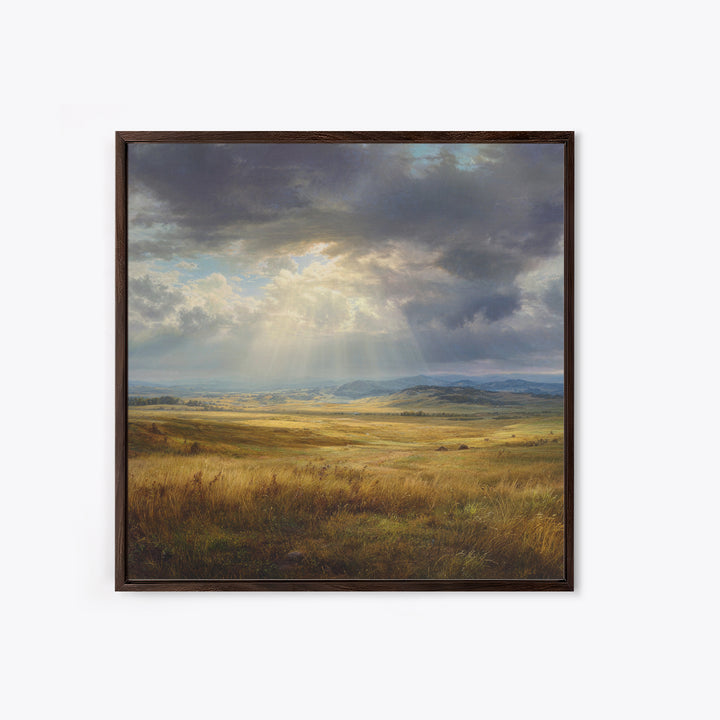 Sun Rays Over Golden Prairie Wall Art, Dramatic Western Landscape Canvas Print, Rustic Country Decor, Large Nature Living Room Art