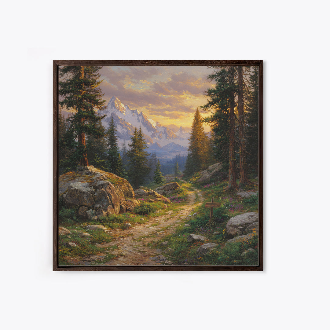Mountain Forest Path At Sunset Wall Art, Tranquil Landscape Canvas Print For Rustic Cabin Or Living Room Home Decor
