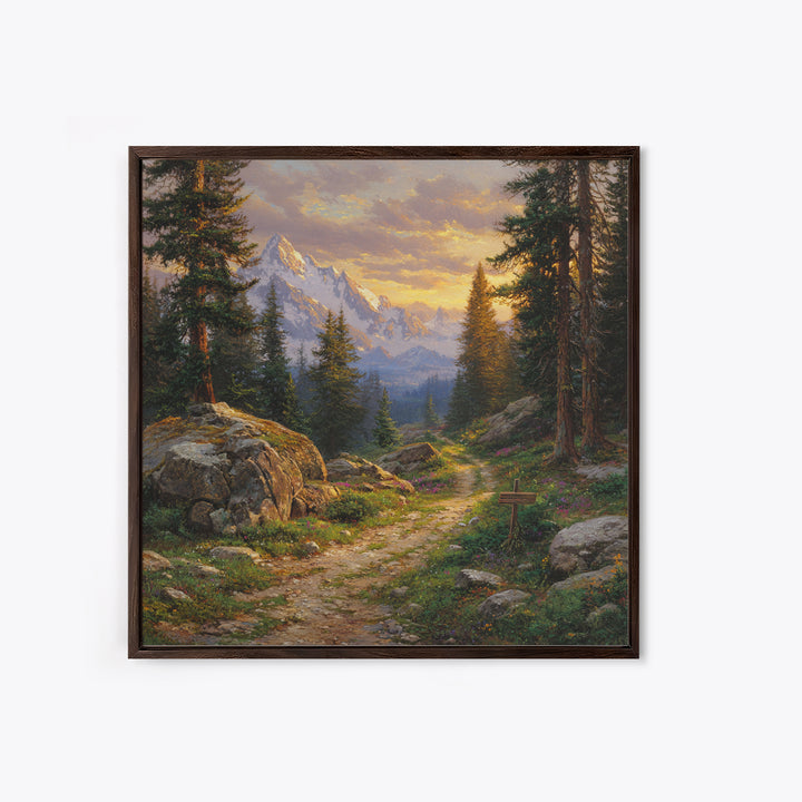 Mountain Forest Path At Sunset Wall Art, Tranquil Landscape Canvas Print For Rustic Cabin Or Living Room Home Decor