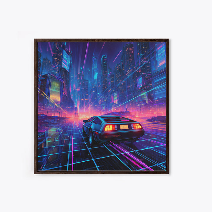 Retro Futuristic Car In Neon Cityscape Wall Art, Cyberpunk Sci Fi Canvas Print, Gaming Room Decor Modern Art