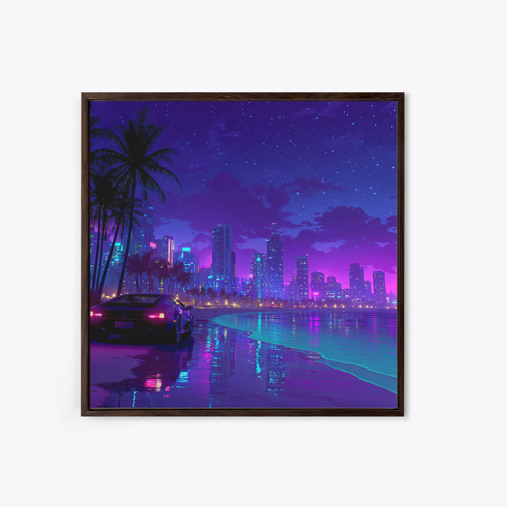 Neon Miami Night Cityscape Wall Art, Retro Futuristic Car On Beach, Cyberpunk Ocean Art, Gaming Room Decor Canvas Print