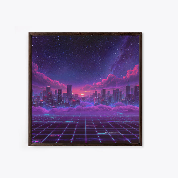 Neon Retro Futuristic Cityscape Wall Art, Vaporwave Sunset Skyline Canvas Print, Cyberpunk Room Decor, Gaming Office Artwork