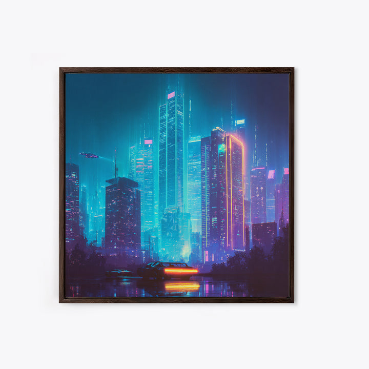Cyberpunk Neon Cityscape At Night Wall Art, Futuristic Skyline Canvas Print, Retro Wave Room Decor, Gaming Home Decor