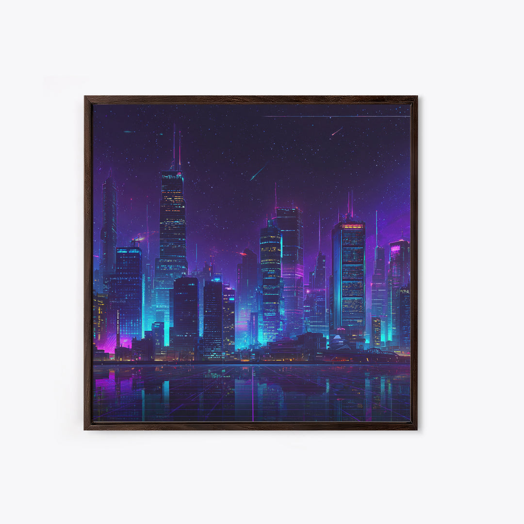 Neon Cyberpunk City Skyline Wall Art, Futuristic Nightscape Canvas Print, Sci Fi Gaming Room Decor, Vaporwave Wall Art