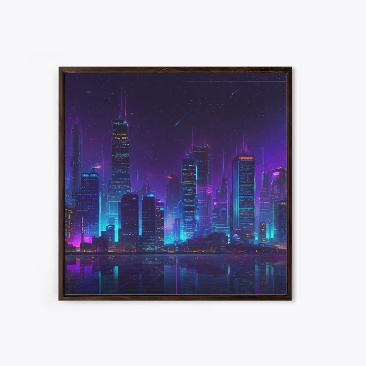 Neon Cyberpunk City Skyline Wall Art, Futuristic Nightscape Canvas Print, Sci Fi Gaming Room Decor, Vaporwave Wall Art