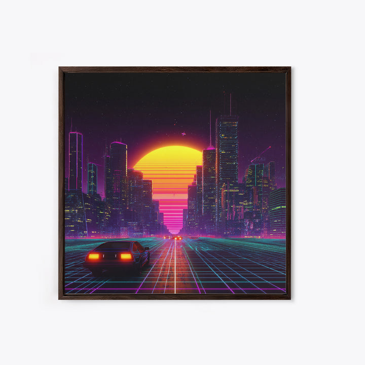 Retro Futuristic City Neon Sunset Car Driving 80s Vaporwave Wall Art Canvas Print Cyberpunk Decor Gaming Room Wall Art