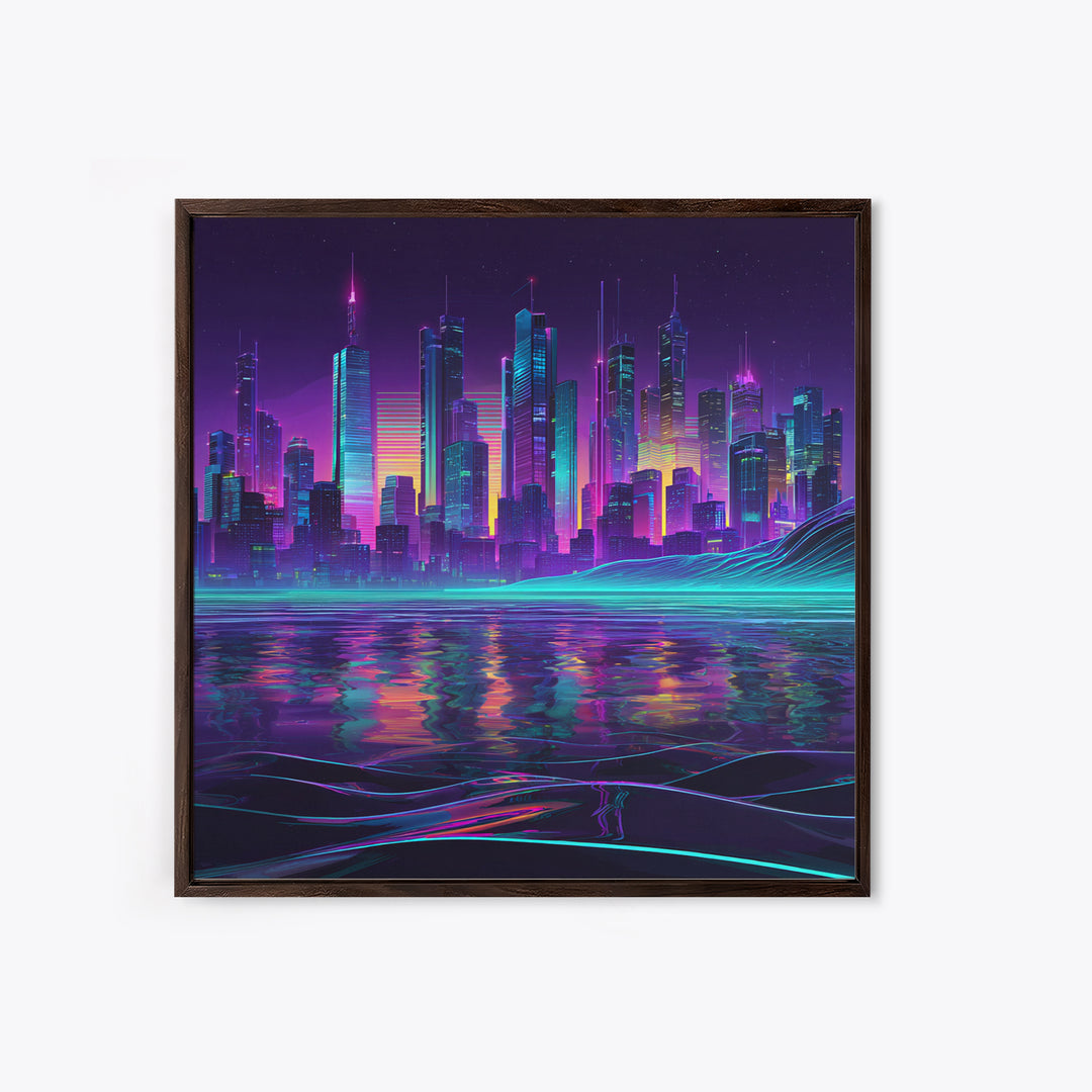 Neon Futuristic City Skyline At Night Wall Art Cyberpunk Landscape Canvas Print Modern Urban Home Decor Gaming Room Artwork