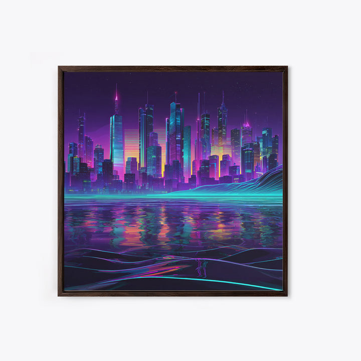 Neon Futuristic City Skyline At Night Wall Art Cyberpunk Landscape Canvas Print Modern Urban Home Decor Gaming Room Artwork
