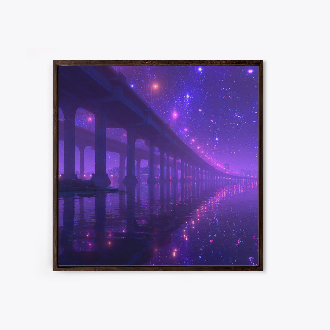 Neon Bridge At Night Over Water Wall Art, Dreamy Purple Cityscape Print, Modern Coastal Home Decor Canvas Print