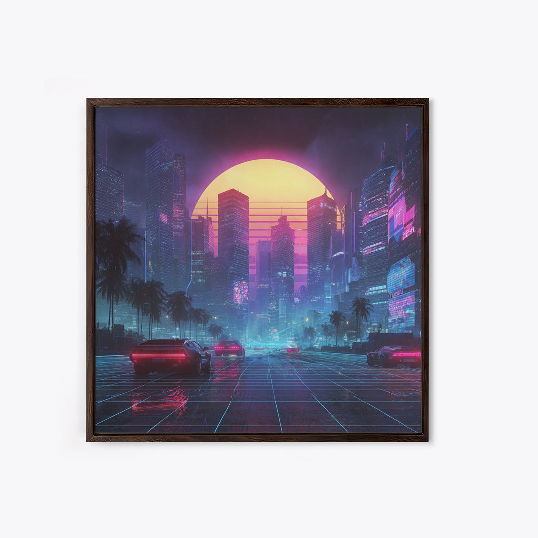 Neon Cyberpunk Cityscape With Retro Cars Wall Art Canvas Print, Futuristic Sci Fi Gaming Room Decor Modern Urban Art
