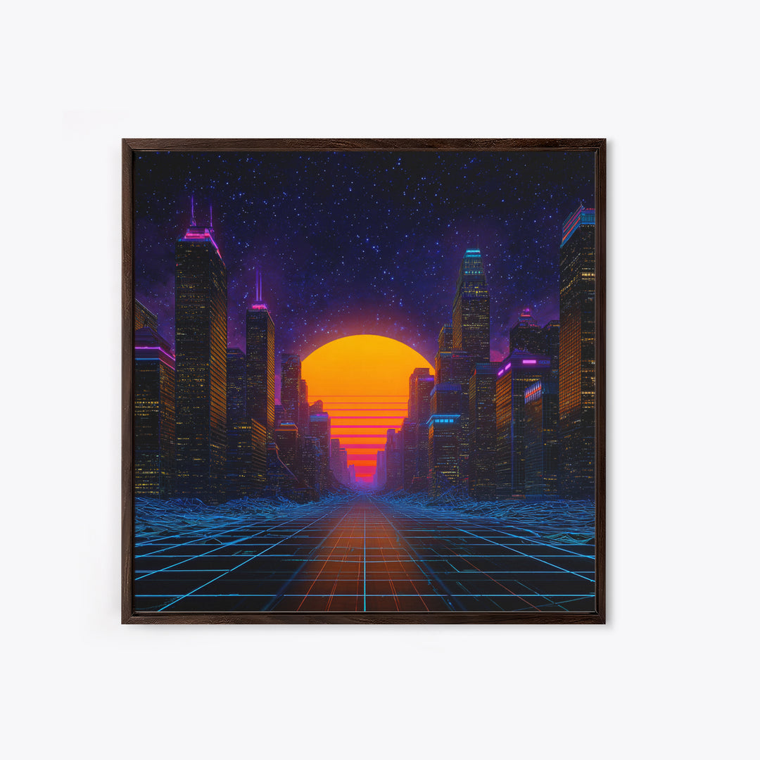 Neon City Sunset Retro Futuristic Wall Art, Cyberpunk Skyline Print, Synthwave Gaming Room Decor, Vibrant Sci Fi Living Room Wall Art
