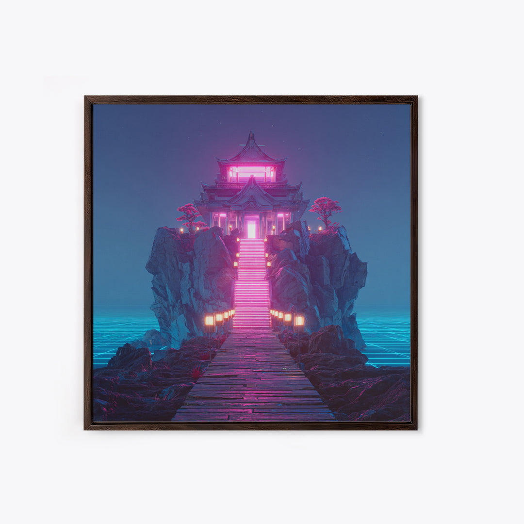 Neon Temple On Ocean Cliff Wall Art, Futuristic Fantasy Landscape Print, Surreal Zen Decor, Modern Home Decor Canvas Print