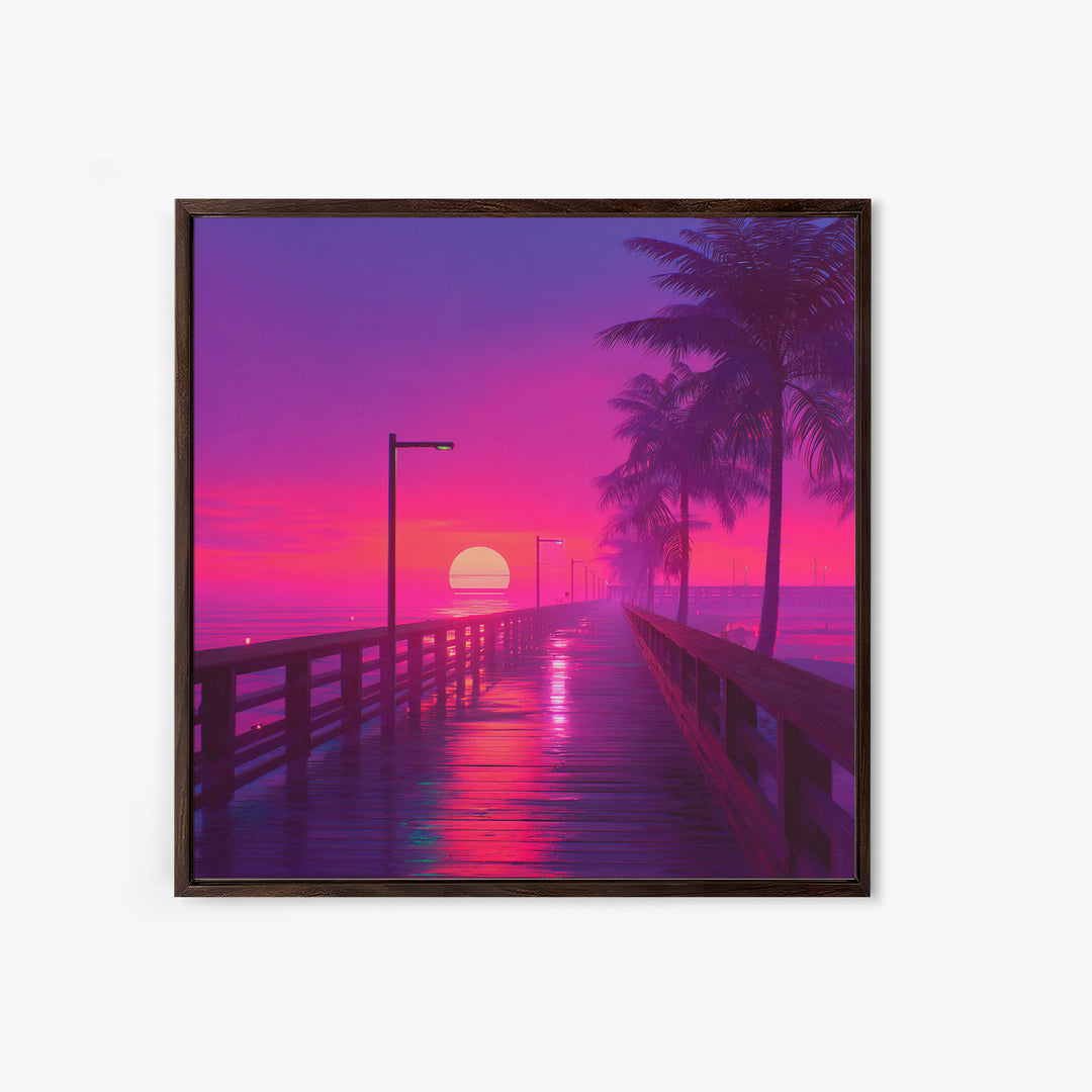 Neon Pier At Sunset With Palm Trees Wall Art, Vibrant Coastal Landscape Print, Retro Beach Home Decor Canvas Print