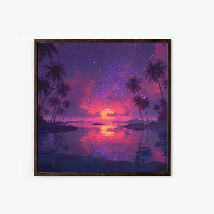 Starlit Tropical Lagoon Sunset Wall Art, Dreamy Pink Purple Coastal Landscape, Romantic Beach Canvas Print For Bedroom