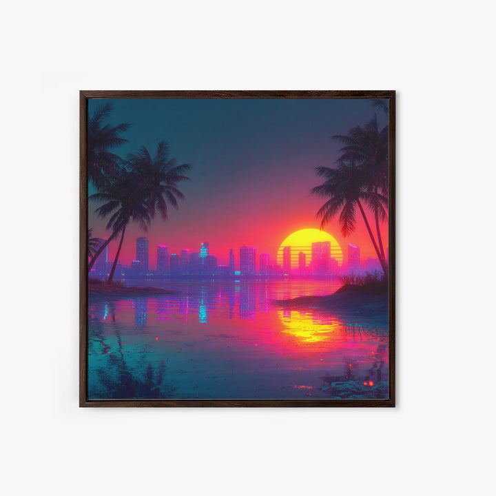 Retro Neon Beach Sunset City Skyline Wall Art Vaporwave Aesthetic Canvas Print Modern Coastal Wall Art Decor