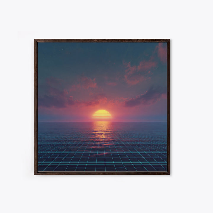 Neon Ocean Horizon Sunset Canvas Print, Retro Grid Seascape Wall Art, Futuristic Coastal Decor, Synthwave Bedroom Or Gaming Room Art