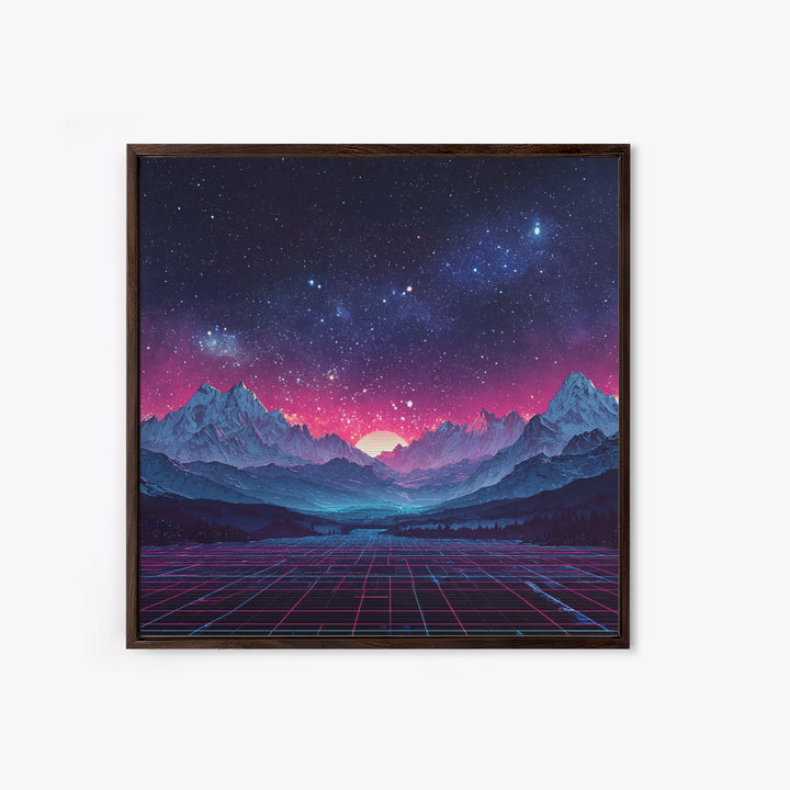 Neon Retro Mountains At Night Wall Art, Synthwave Landscape Print, Futuristic Gaming Room Decor, Vaporwave Aesthetic Wall Art
