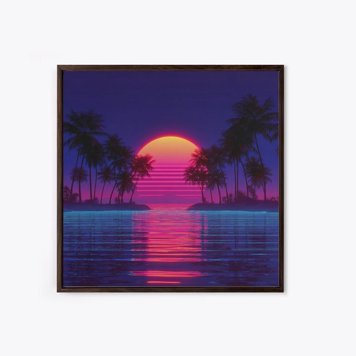 Retro Neon Island Sunset Wall Art, Synthwave Palm Tree Canvas Print, Vaporwave City Beach Decor, Futuristic Coastal Art