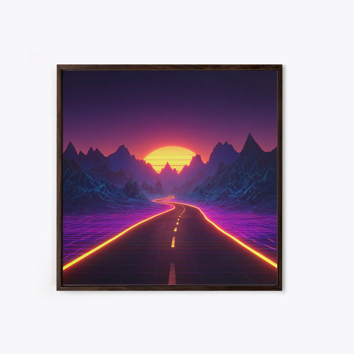 Retro Futuristic Neon Road Wall Art, Synthwave Landscape Poster, Gaming Room Decor, Vibrant 80s Style Canvas Print