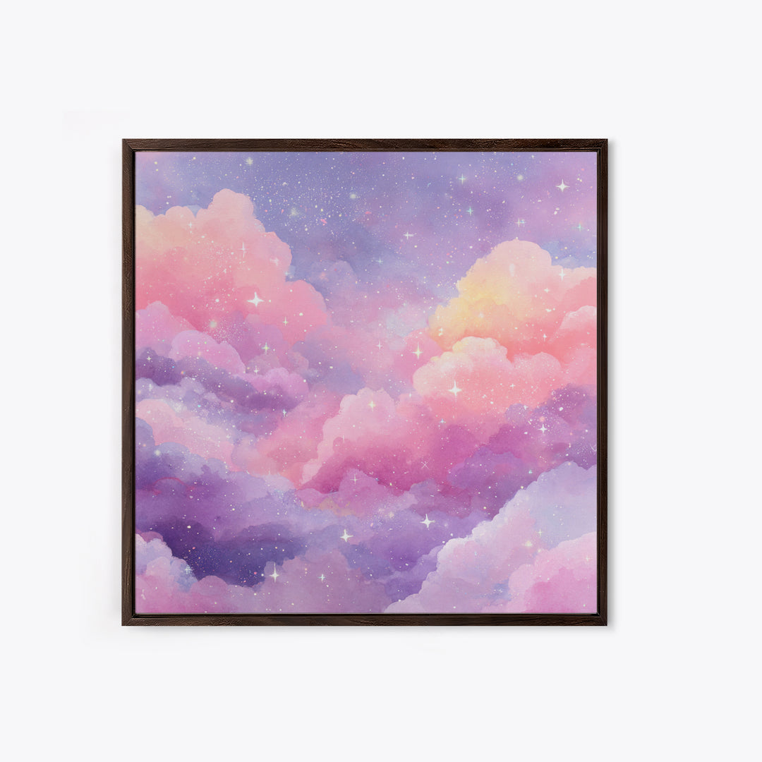 Pink Lavender Starry Clouds Wall Art, Pastel Celestial Canvas Print, Dreamy Nursery Decor, Girls Room Decor, Whimsical Art