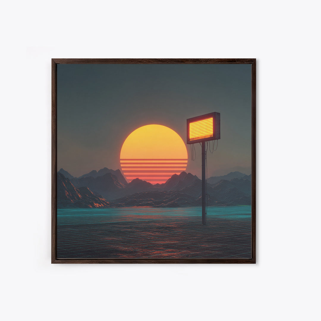 Futuristic Neon Sun Over Sci Fi Mountains Wall Art, Cyberpunk Landscape Home Decor, Retro Synthwave Canvas Print