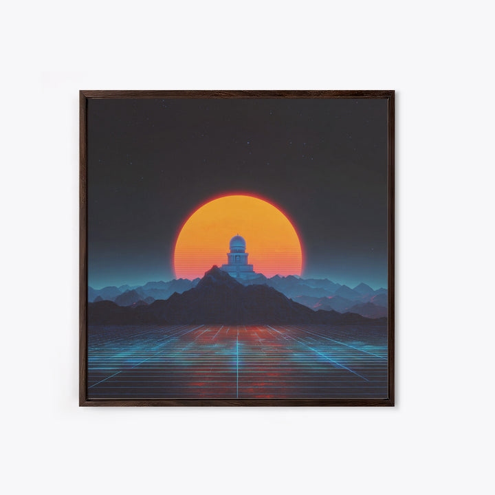 Sci Fi Observatory Sunset Landscape Wall Art, Retro Futuristic Mountains, Neon Synthwave Canvas Print Decor