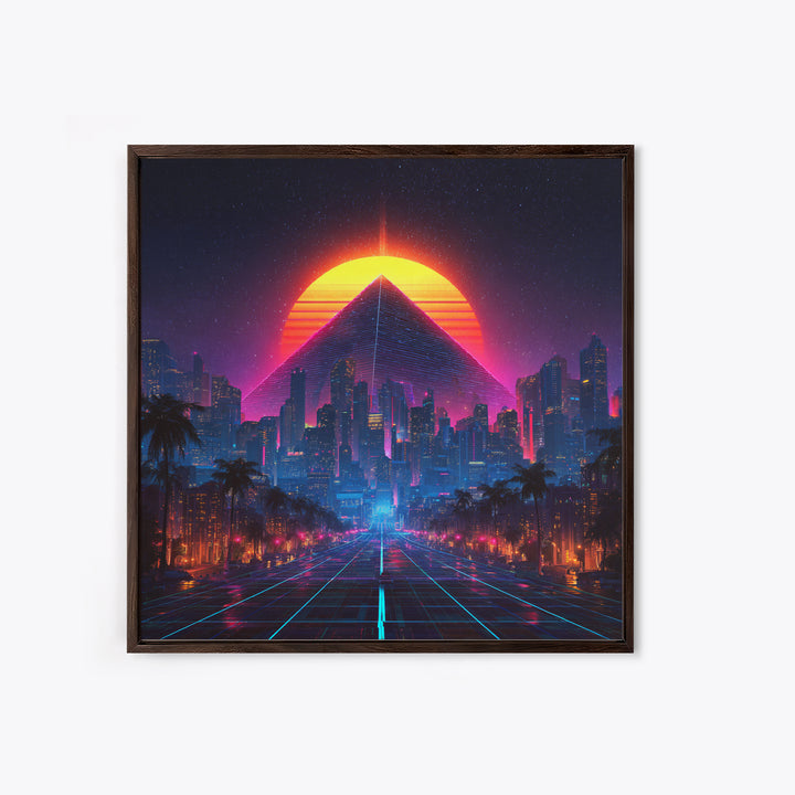 Retro Futuristic Neon City Pyramid Wall Art, Cyberpunk Sunset Canvas Print, Synthwave Gaming Room Decor, Sci Fi Art