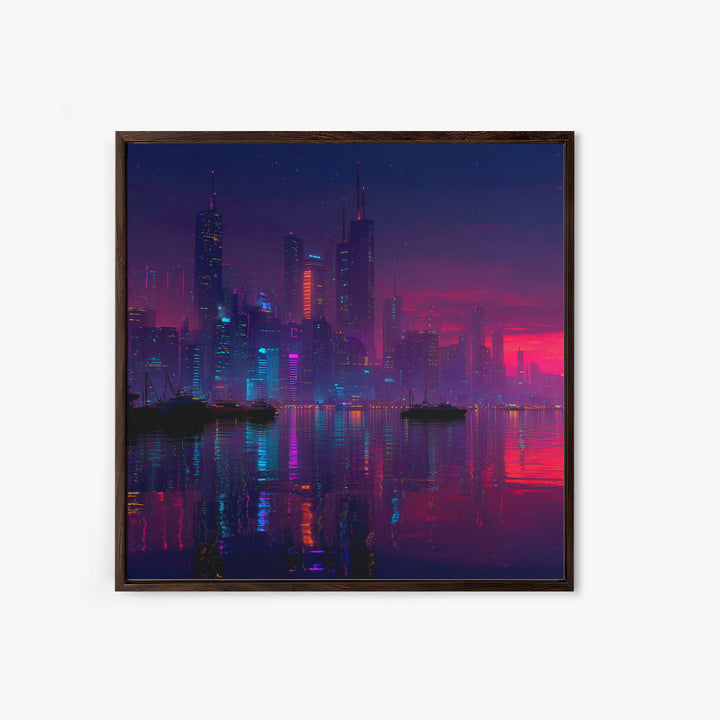 Cyberpunk Neon City Skyline Wall Art, Futuristic Night Harbor Canvas Print, Sci Fi Cityscape Decor, Gaming Room Modern Wall Art
