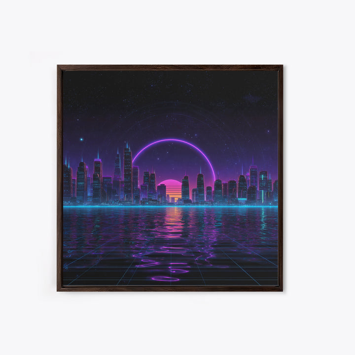 Neon City Skyline Over Water Retro Futuristic Wall Art Vaporwave Cityscape Canvas Print Gaming Room Decor