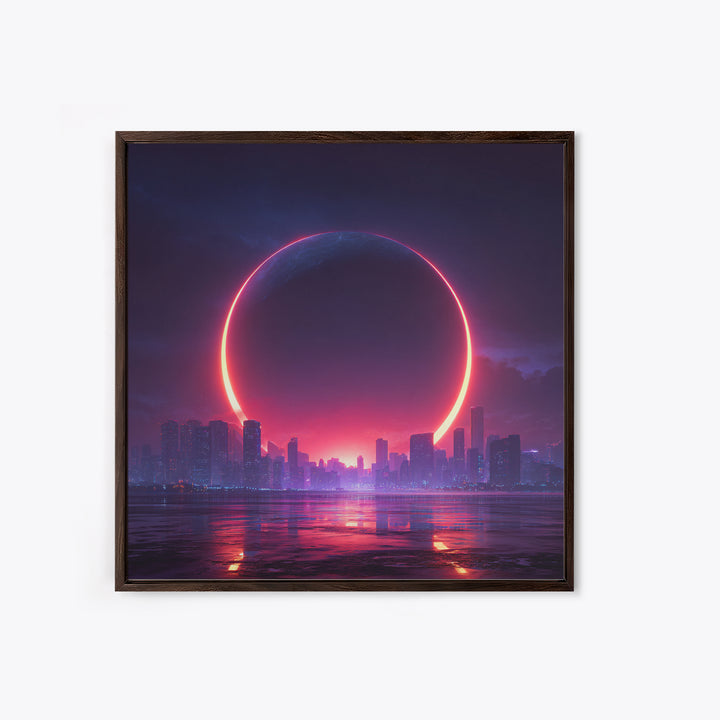 Futuristic Eclipse Cityscape Canvas Print, Neon Sci Fi Wall Art, Cyberpunk Skyline Decor For Gaming Room Or Modern Office