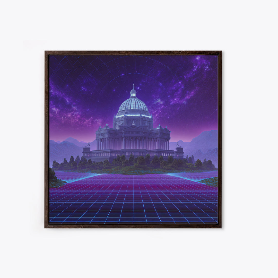 Retro Futuristic Palace Under Stars Wall Art, Neon Sci Fi Cityscape Canvas Print, Cyberpunk Gaming Room Decor