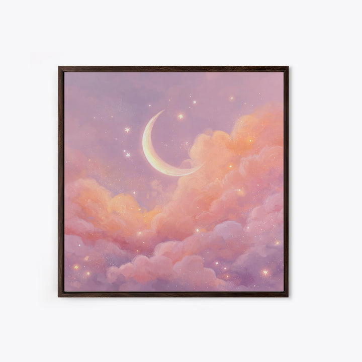 Soft Crescent Moon In Peach Clouds Canvas Print, Celestial Wall Art, Romantic Bedroom Decor, Calming Nursery Art, Cozy Wall Decor