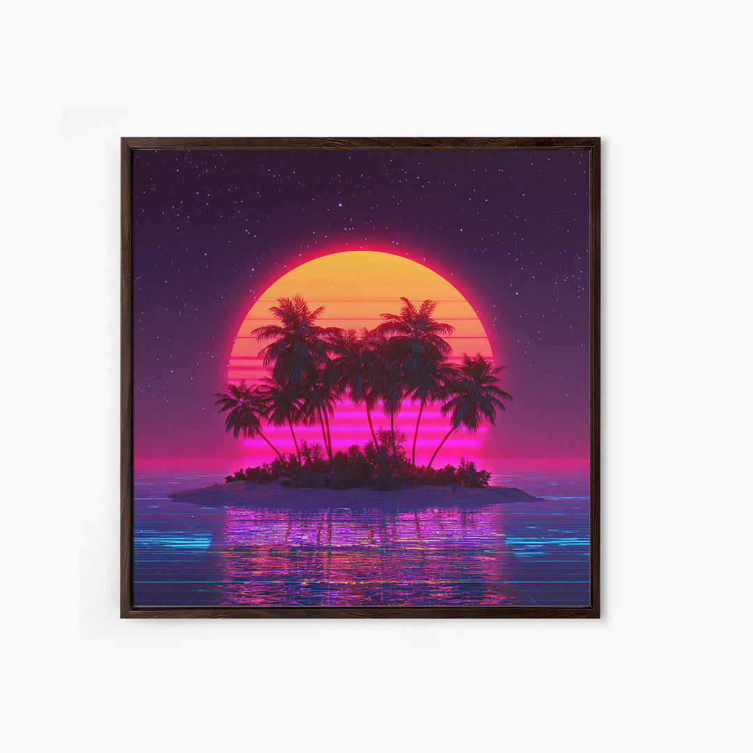 Retro Vaporwave Palm Island Wall Art, Neon Ocean Sunset Canvas Print, Aesthetic 80s Coastal Decor, Gaming Room Modern Wall Art