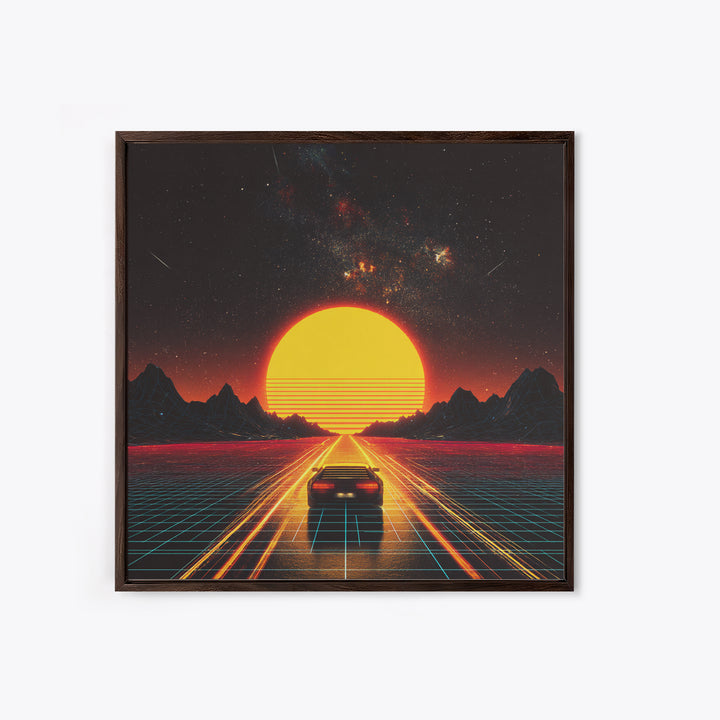 Retro Futuristic Car Road To Giant Neon Sun Wall Art, Synthwave Grid Landscape Canvas Print