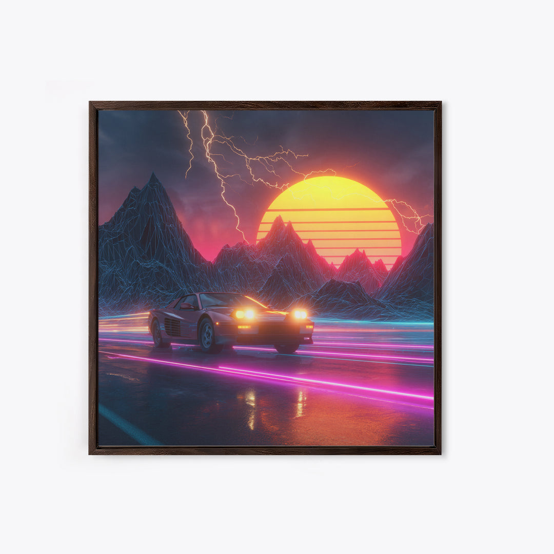 Retro Sports Car In Neon Sunset Mountains Wall Art, Cyberpunk Cityscape Canvas Print, Futuristic Gaming Room Decor