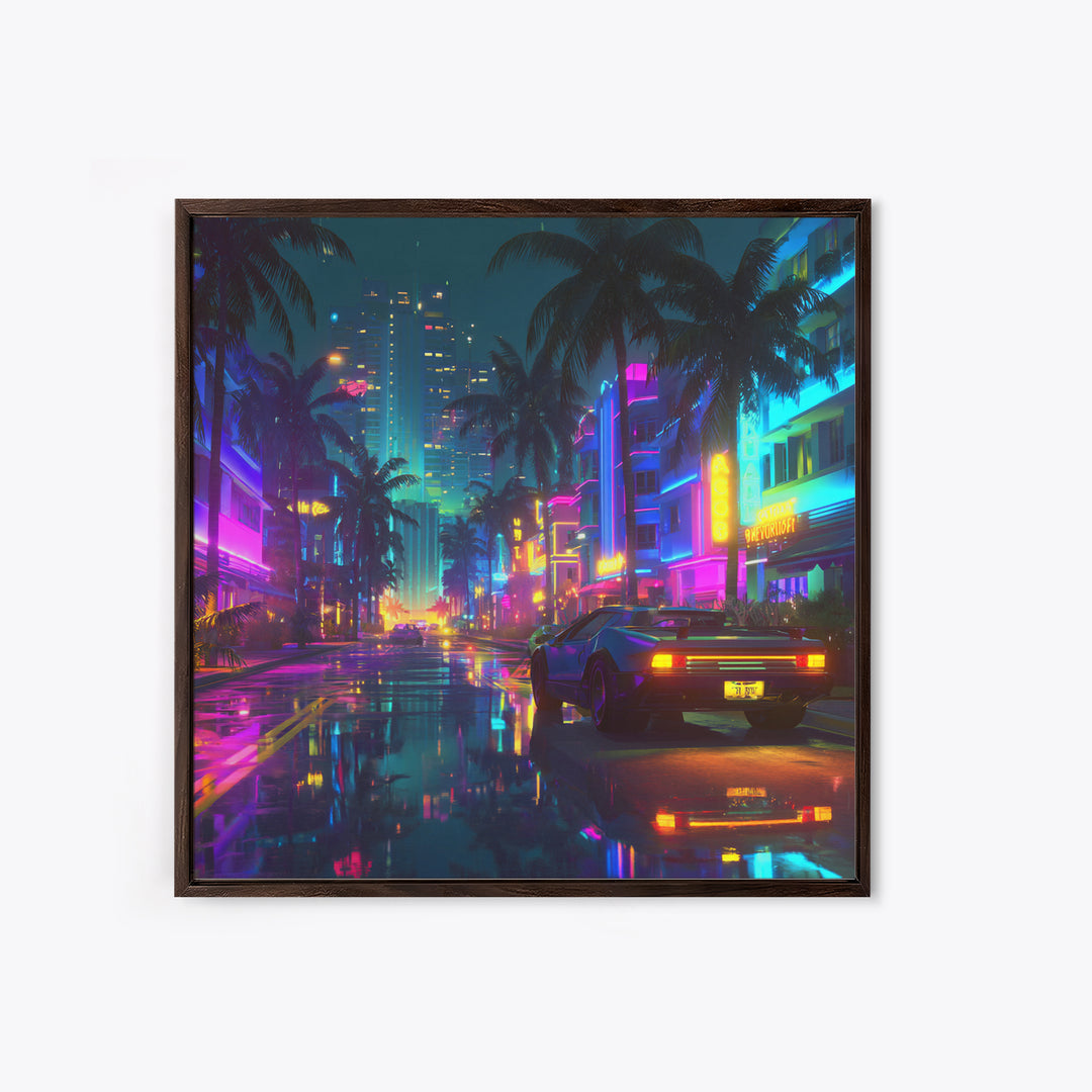 Neon Retro Futuristic City Street Wall Art, Cyberpunk Car Night Cityscape Print, Gaming Room Decor Canvas Print