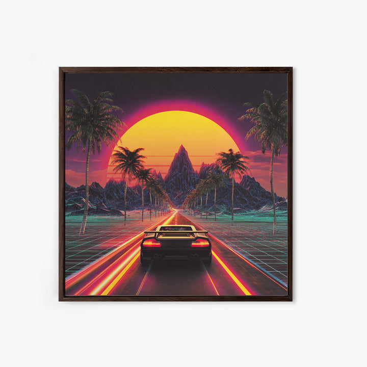 Retro Synthwave Sunset Car Wall Art Canvas Print, Neon Cityscape Art, 80s Vaporwave Decor, Gaming Room Wall Art
