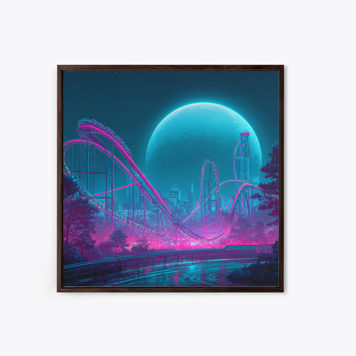 Neon Roller Coaster Under Full Moon Wall Art, Futuristic Night Amusement Park Canvas Print, Cyberpunk Gaming Decor