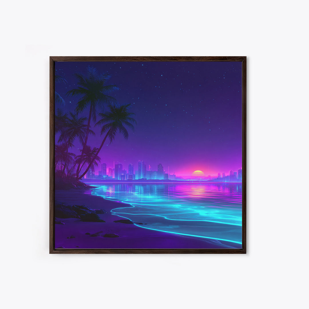 Neon City Beach Sunset Wall Art, Retro Futuristic Coastal Landscape Canvas Print, Modern Coastal Home Decor