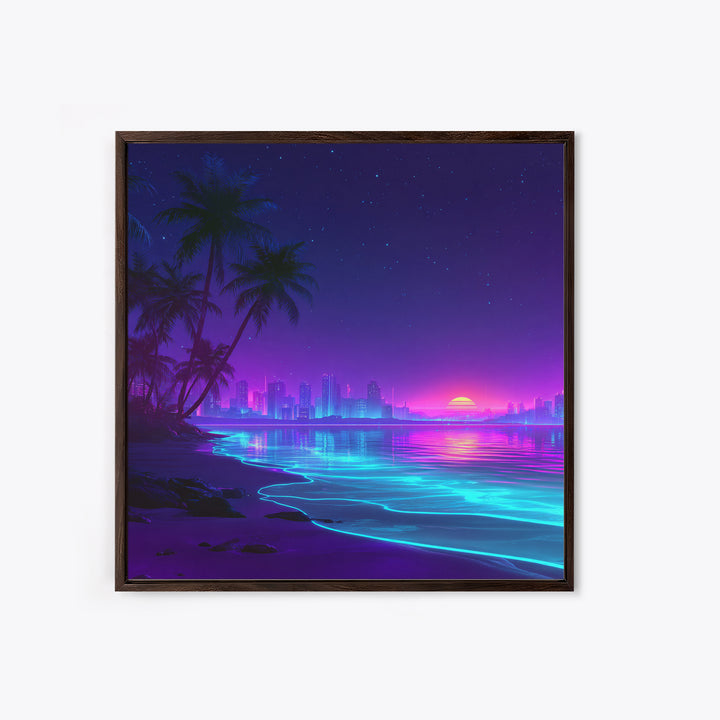 Neon City Beach Sunset Wall Art, Retro Futuristic Coastal Landscape Canvas Print, Modern Coastal Home Decor