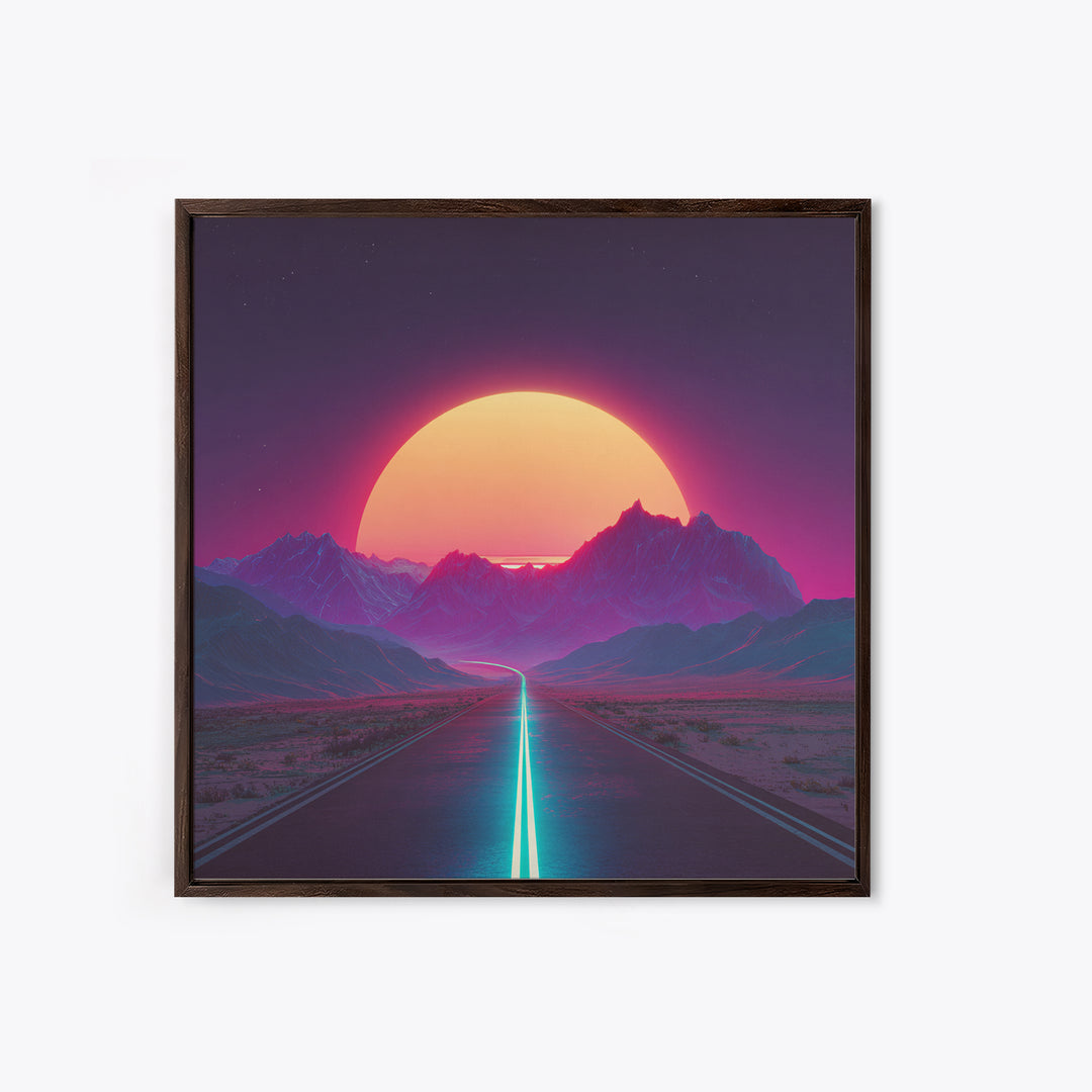 Neon Sunset Mountain Road Wall Art, Retro Futuristic Landscape Canvas Print, Cyberpunk Space Art For Gaming Room And Modern Home Decor