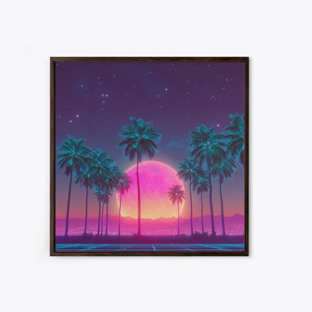 Vibrant Neon Cityscape With Palm Trees And Pink Moon Night Sky Futuristic Wall Art Framed Canvas Print For Living Room