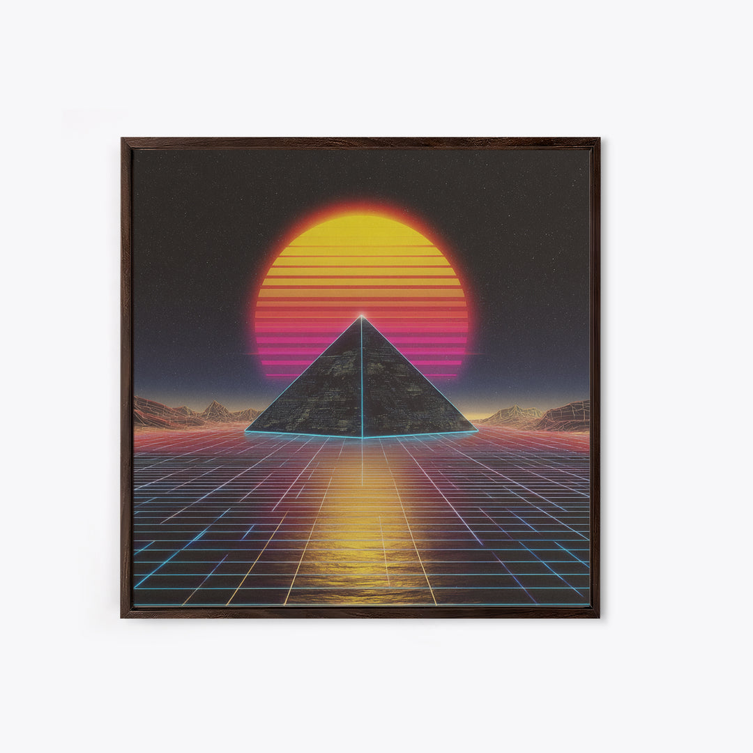 Retro Synthwave Pyramid Sunset Wall Art, Neon Grid Landscape Canvas Print, 80s Aesthetic Home Decor, Sci Fi Poster