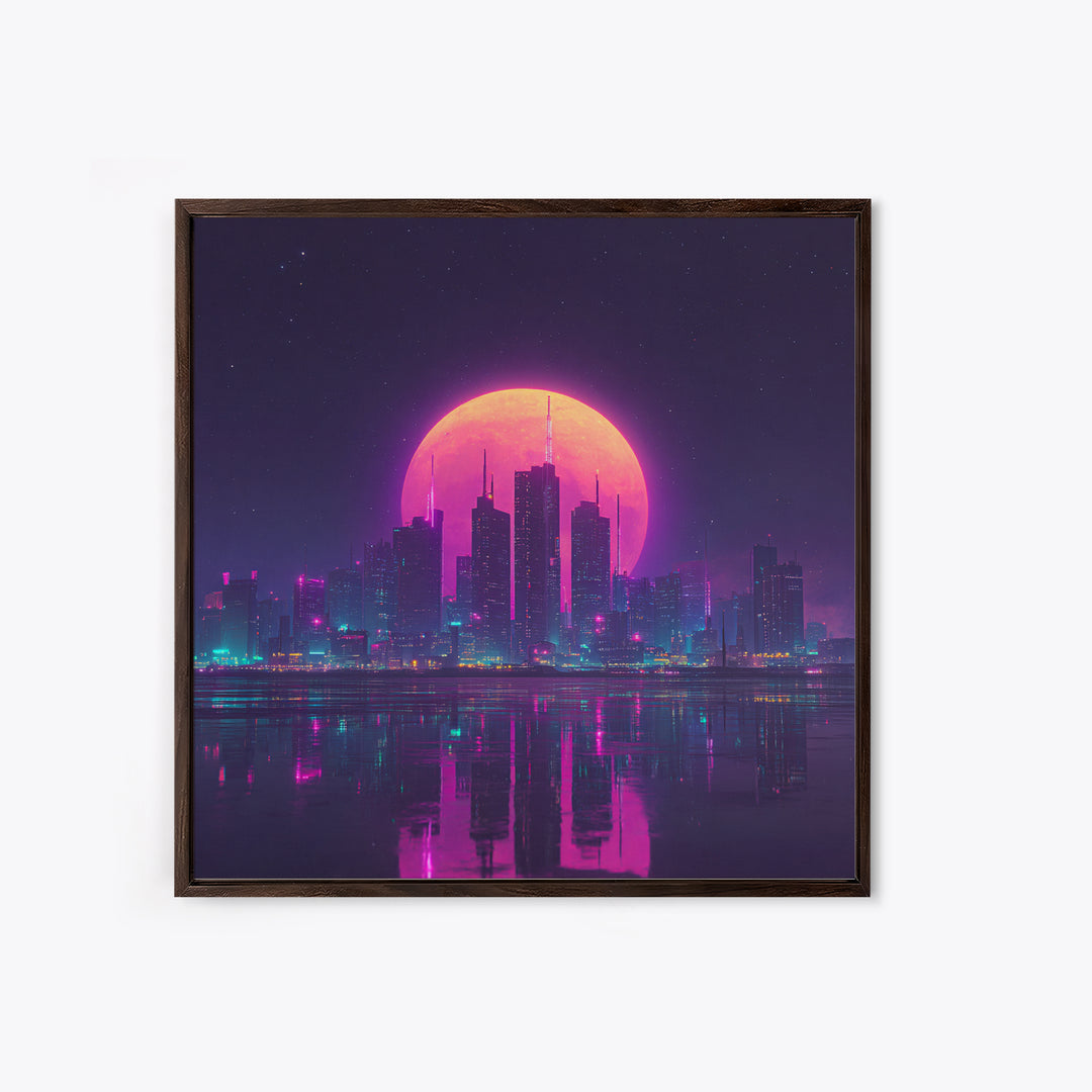 Neon Moon Over Futuristic City Skyline Wall Art, Cyberpunk Night Cityscape Print, Modern Gaming Room Canvas Print