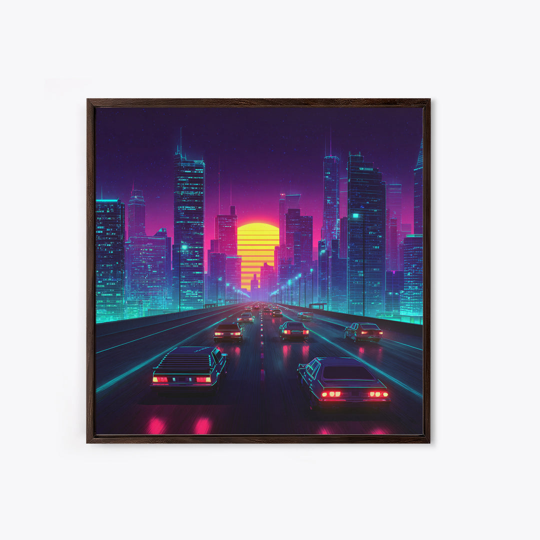 Neon Retro Highway Cityscape Wall Art, Futuristic Synthwave Sunset Canvas Print, Cyberpunk City Modern Home Decor