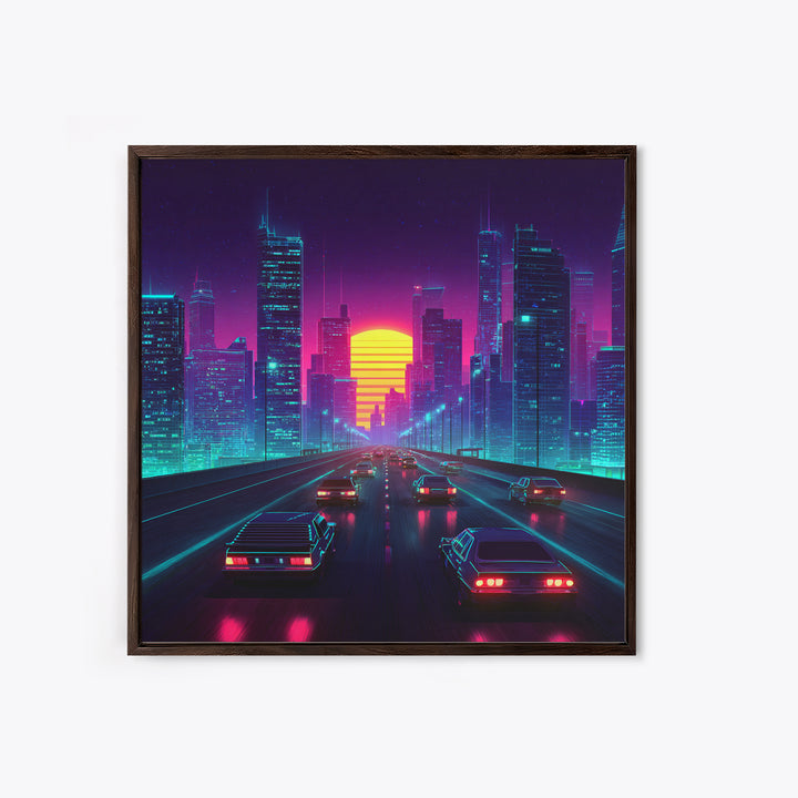 Neon Retro Highway Cityscape Wall Art, Futuristic Synthwave Sunset Canvas Print, Cyberpunk City Modern Home Decor