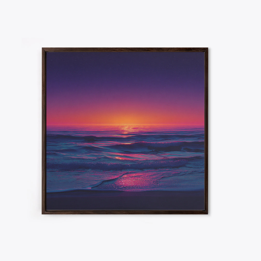 Neon Sunset Over Ocean Waves Wall Art, Colorful Coastal Landscape Print, Modern Beach House Decor Canvas Print