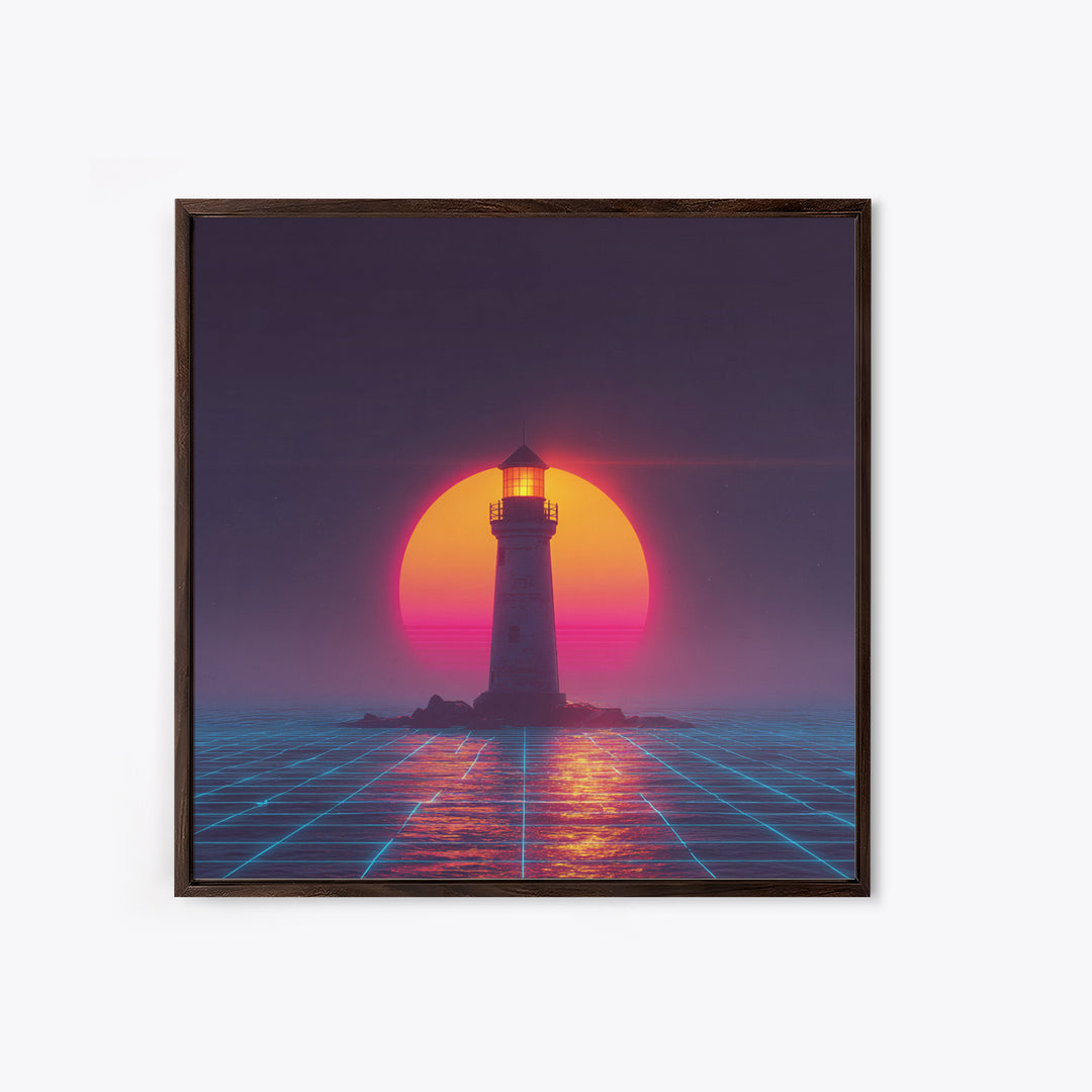 Retro Futuristic Lighthouse Neon Sunset Canvas Print, Synthwave Coastal Wall Art, Vaporwave Ocean Scene For Gaming Room Decor