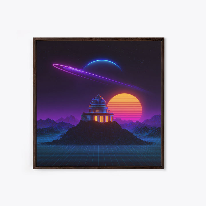 Retro Futuristic Observatory Space Landscape Wall Art, Neon Planet Sci Fi Canvas Print, Vaporwave Decor For Gaming Room