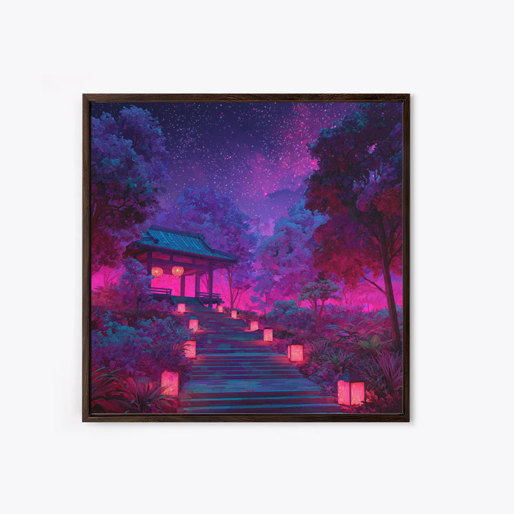 Neon Garden Lantern Path Under Starry Sky Wall Art, Dreamy Japanese Landscape Canvas Print, Aesthetic Room Decor